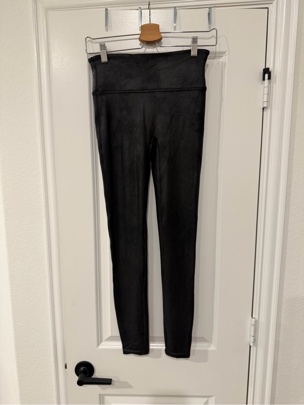 SPANX Black Faux-Suede High-Waist Leggings with Red Brand Tag
